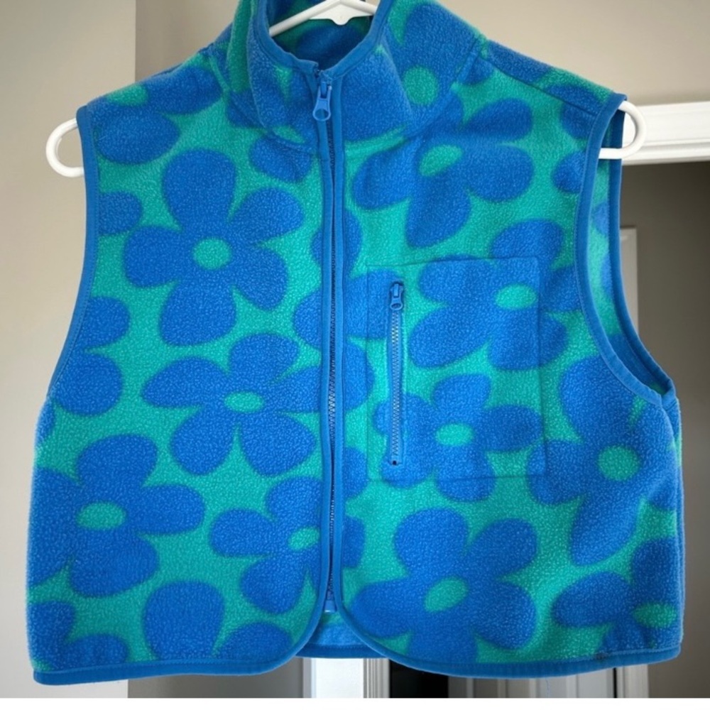 Pac Sun Floral Blue and Green Fleece Vest